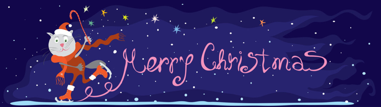  magical merry Christmas/ vector long border with cat in red tracksuit on skates on the background of stars