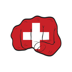 Switzerland flag on a clenched fist. Strength, Power, Protest concept