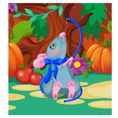 Gray animated mouse drinks water from a blue hose. Vector cartoon close-up illustration.