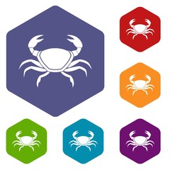 Fresh crab icons set hexagon isolated vector illustration