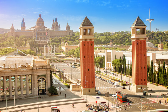 Cityscape view of Placa d'Espanya or Spain square, with the Venetian Towers and the National Art Museum. Travel destination concept