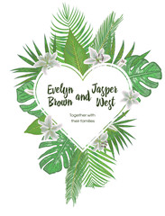 Valentine greeting card, invite card. Vector watercolor style, tropical palm leaves, monstera, kentia palm trees, diffenbachia, coconut, decorative heart