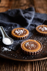 Chocolate caramel tartlets studded with salt