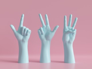 Obraz premium 3d render, female hands isolated, minimal fashion background, mannequin body parts, competition concept, shop display, show, presentation, pink blue pastel colors