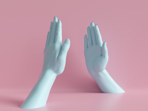 3d render, female hands isolated, minimal fashion background, mannequin body parts, friendship concept, pink blue pastel colors