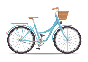 Cute women s bike with a low frame and basket in front. Vintage bicycle. Vector illustration in flat style.