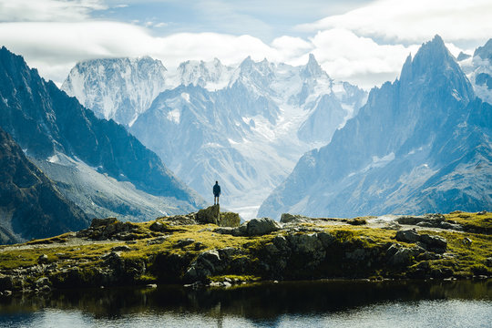 Mountainous landscape view on Lac Blanc and Mont-Blanc mountain in Europe, Chamonix France