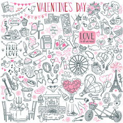 Valentine's Day doodle set. Traditional wedding, love and romantic symbols. Hand drawn vector illustration isolated on white background.