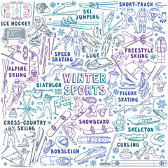 Winter sports doodle set. Figure skating, ice hockey, ski jumping, snowboarding, curling, biathlon and other activities. Hand drawn vector illustration isolated on white background.