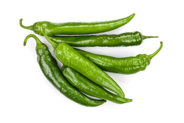 green hot chili peppers isolated on white background. Top view. Flat lay pattern