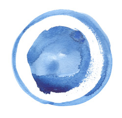 Rough round blue backdrop with white frame painted in watercolor on clean white background