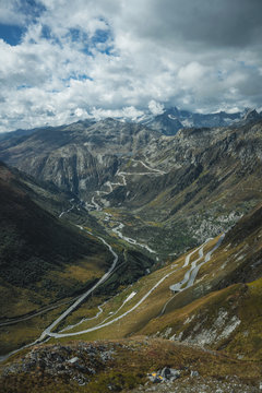 Mountainous panorama landscape view with big mountains in Switzerland. Autumn mood at the famous Furka Pass road. Autumn in Switzerland