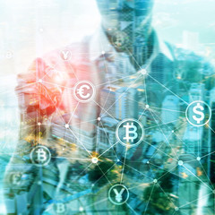 Double exposure Bitcoin and blockchain concept. Digital economy and currency trading.
