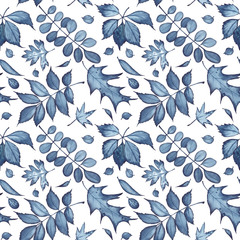 Seamless pattern with leaves, indigo color on white background. Watercolor painting.
