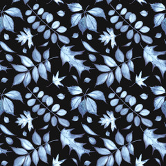 Seamless pattern with leaves, indigo color on black background. Watercolor painting.