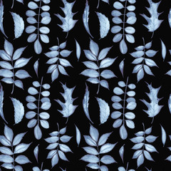 Seamless pattern with indigo leaves on black background. Watercolor painting.