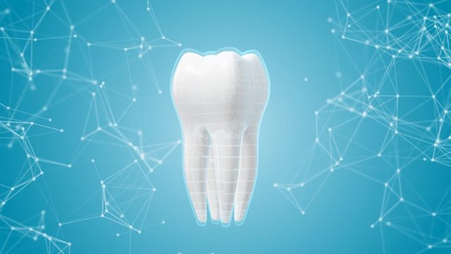 3d animation of rotating white tooth with protective layer and grid on a blue background. Connected dots