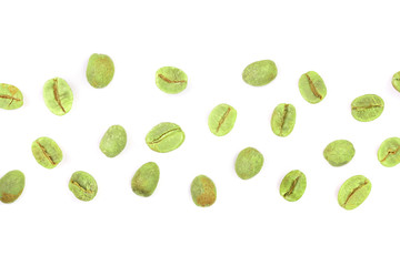 green coffee beans isolated on white background with copy space for your text. Top view. Flat lay