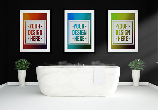 Three Frames near Bathtub Mockup