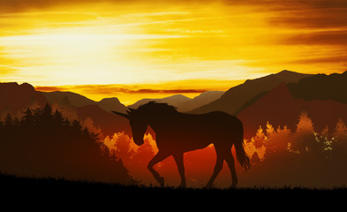 Unicorn silhouette at sunset © ginettigino
