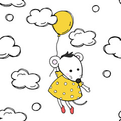Seamless pattern with colored balloons and mouse. White mouse flying in a balloon. Colorful vector illustration in sketch style.