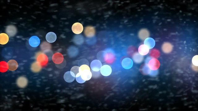 Strong Blizzard Snow Storm Gale Force on Night Lights Blinking Background. Looped 3d Animation. Holidays Celebration Concept. 4k Ultra HD 3840x2160.