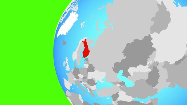 Finland on blue political globe. Orbiting around globe and zooming to the country. 3D illustration.