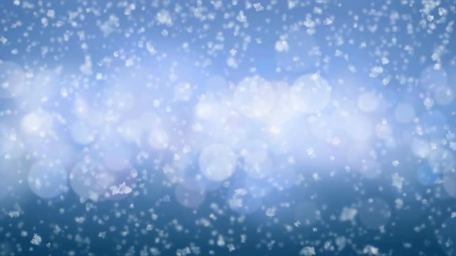 Beautiful Close-up Snowflakes Falling Slow Seamless with DOF Blur on Blue Bokeh Background. Slow-Motion Looped 3d Animation. 4k Ultra HD 3840x2160.