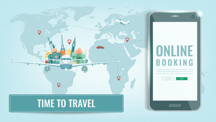 Travel composition with famous world landmarks. Travel and Tourism. Concept website template. Vector