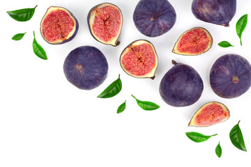 fig fruits with leaves isolated on white background with copy space for your text. Top view. Flat lay pattern
