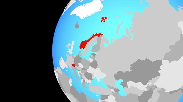 EFTA countries on blue political globe. Orbiting around globe and zooming to the country. 3D illustration.