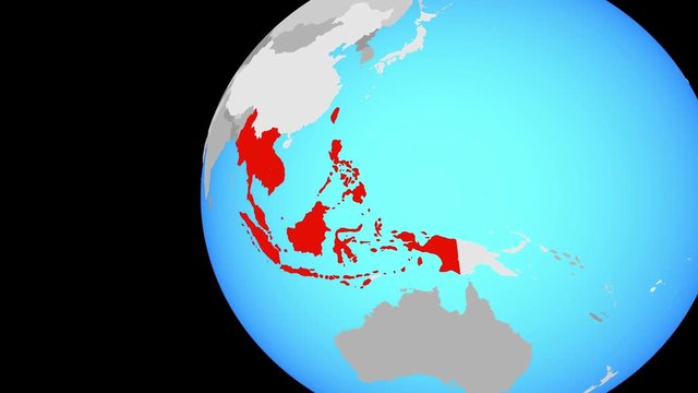 ASEAN memeber states on blue political globe. Orbiting around globe and zooming to the country. 3D illustration.