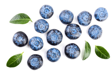 fresh ripe blueberry with leaf isolated on white background. Top view. Flat lay pattern