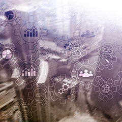 Business process abstract diagram with gears and icons. Workflow and automation technology concept.