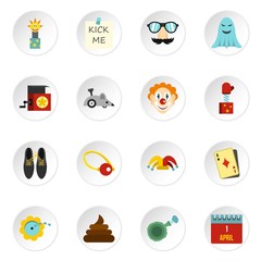 April fools day icons set in flat style. Prank playful actions set collection vector icons set illustration