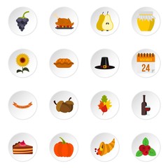 Thanksgiving icons set in flat style. Happy thanksgiving day set collection vector icons set illustration