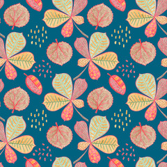 Fototapeta na wymiar Autumn leaf floral seamless pattern. Yellow red leaves on navy blue background. Fall leaf crayon handdrawn illustration