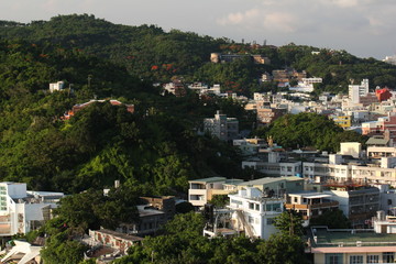 View from Cijin island towards university, Martyrs Shrine and Love Observation Deck, Kaohsiung city, Taiwan, Asia