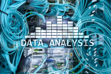 Big Data analysis text on server room background. Internet and modern technology concept.