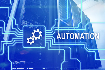 Automation of business Process and innovation technology in manufacturing. Internet and technology concept on server room background.