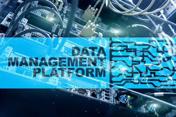 Data management and analysis platform concept on server room background.