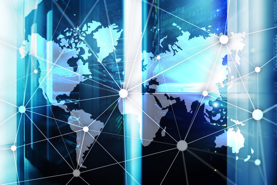 World map with communication network on server room background.