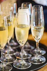champagne glasses on catering table