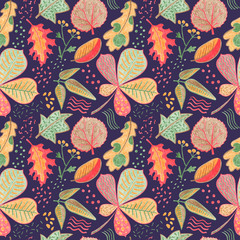 Fototapeta na wymiar Autumn leaves floral seamless pattern. Vibrant leaves on blue background. Falling leaf crayon handdrawn illustration