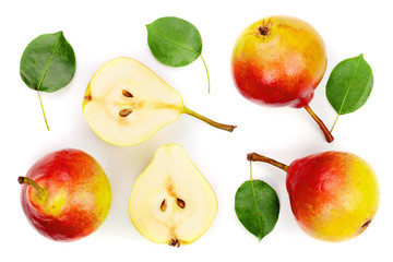 Three ripe red yellow pear fruits with leaf isolated on white background. Top view. Flat lay pattern