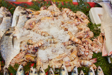 On the street fish market, fresh fish and seafood are sold.
