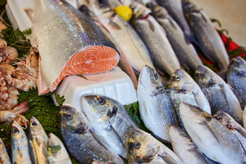 On the street fish market, fresh fish and seafood are sold.
