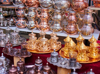 Turkish ceramic and copper jars on sale at the Grand Bazaar in Istanbul