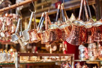 Turkish ceramic and copper jars on sale at the Grand Bazaar in Istanbul