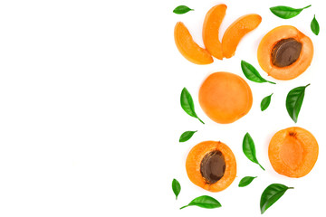 Apricot fruits isolated on white background. Top view. Flat lay pattern